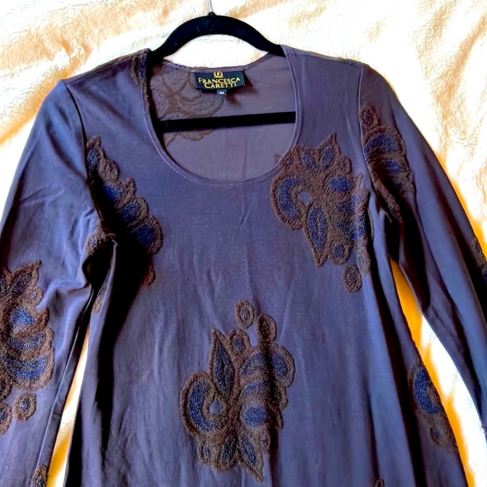 Francesca Caretti wool-blend long dress with beautiful appliqués. Size 10.